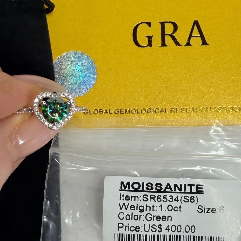 Moissanite Green Heart Cut Ring 1 carat - Size 6 -NEW with papers S925 Sterling